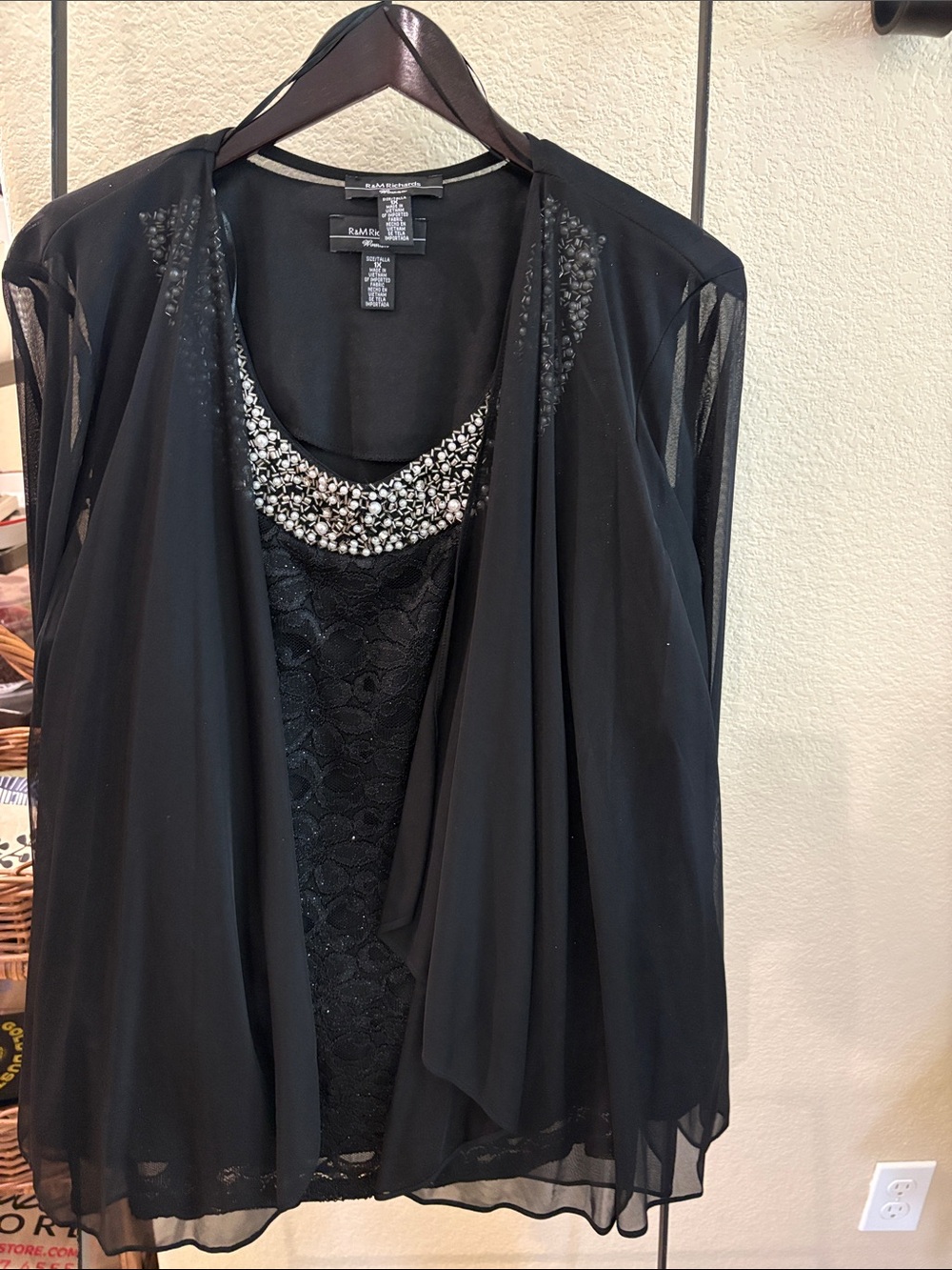 R&M Richards Black Layered Evening Top with Beaded Collar. Never worn.
